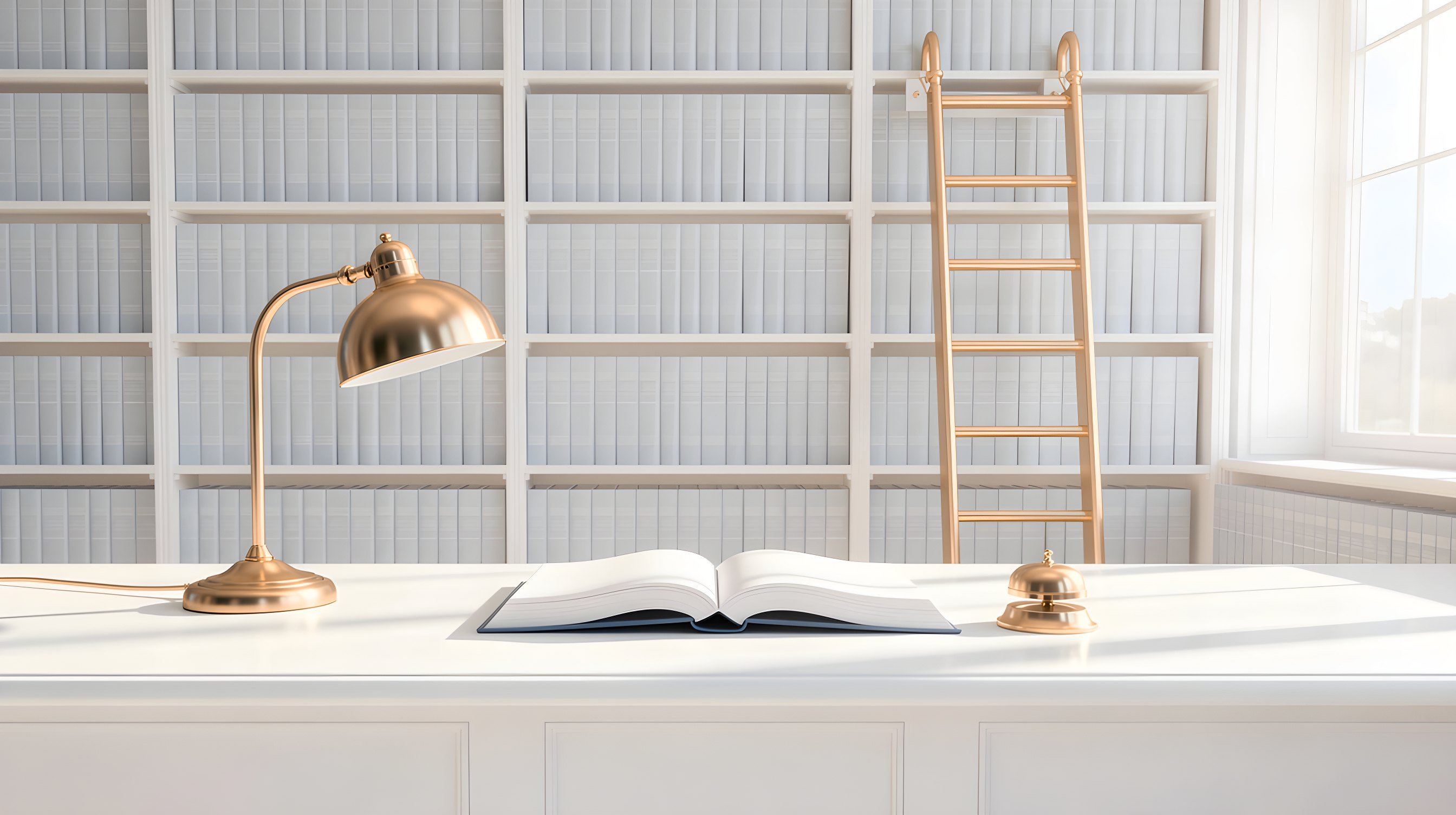 Illustration: a library reference desk with an open book and a small brass bell under a brass lamp, tall bookshelves and a rolling ladder behind.