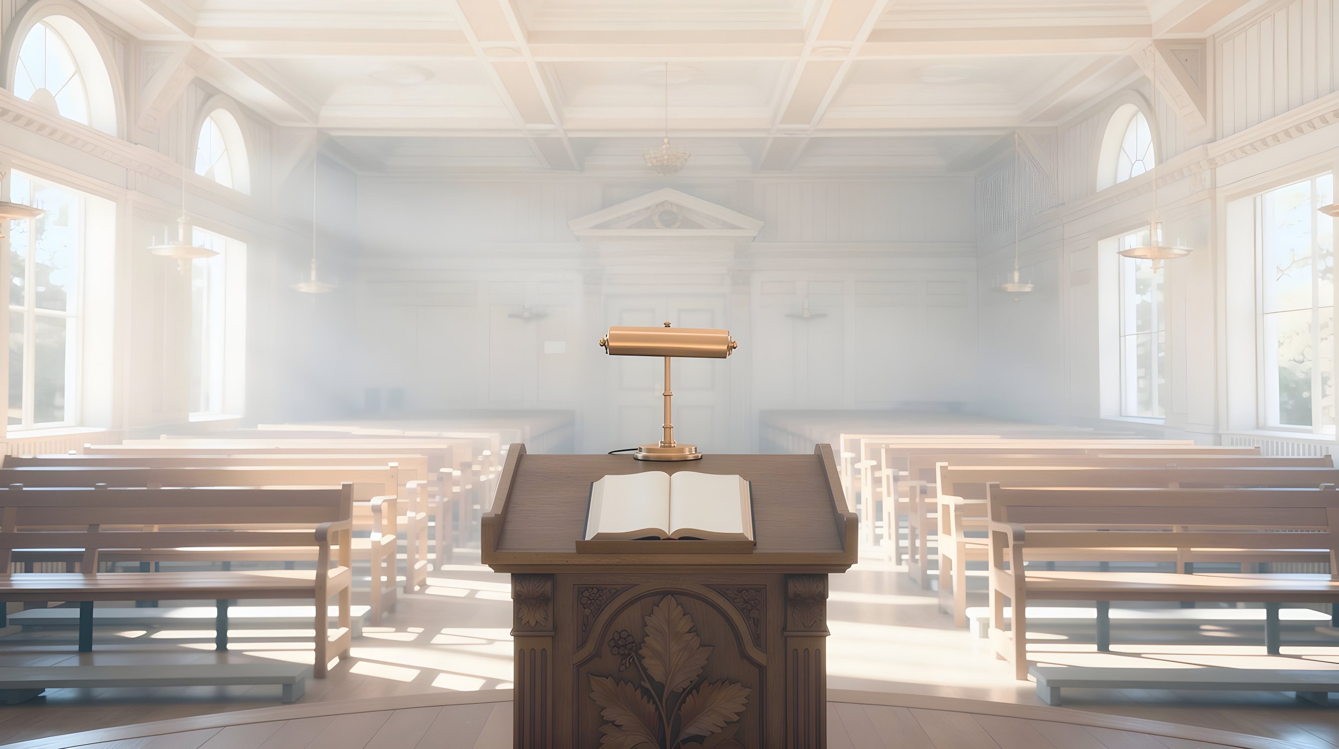 Illustration: an empty wood-paneled assembly hall with a carved wooden lectern holding an open book under one brass lamp.