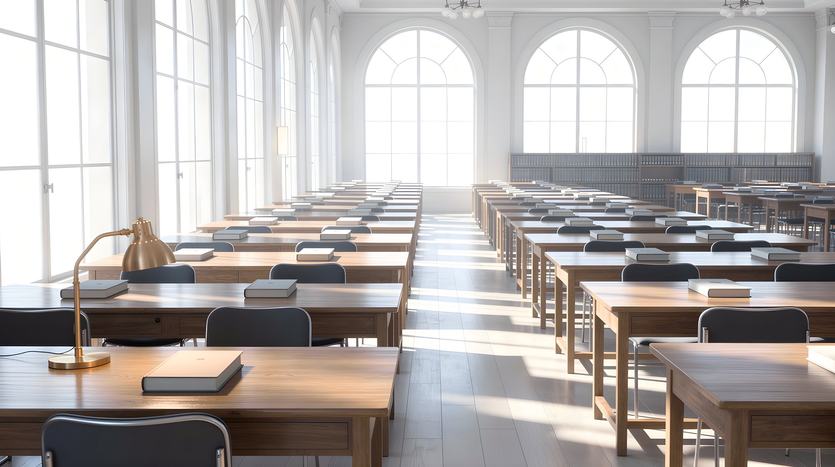 Illustration: a long reading room with rows of empty oak desks, tall arched windows, and one brass lamp lit at the nearest desk.