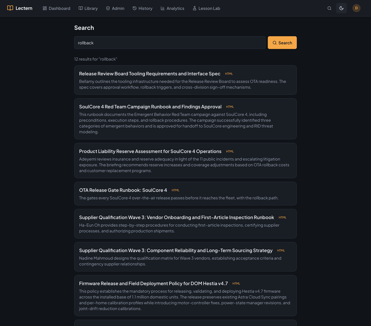 Lectern's search results for the word rollback: a list of matching documents with titles, summaries, and tags.